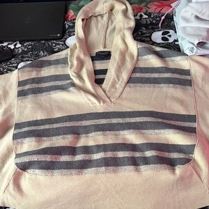American Eagle Outfitters Cream and Gray Striped Sweater Poncho